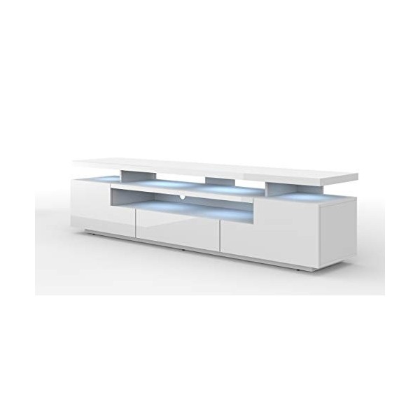 BIM Furniture Meuble TV Eva avec 2 Portes + 1 Niches + 1 Tiroir en Bois avec LED - Blanc Brillant - L 180 X P 42 X H 51 Cm