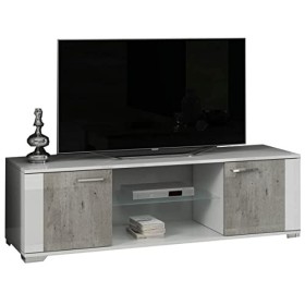 AltoBuy Lynda - Meuble TV 2 Portes Laqué Blanc et Gris Béton