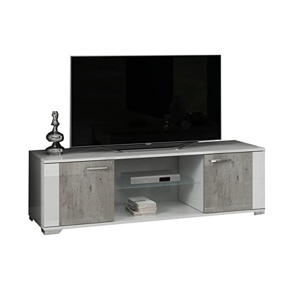AltoBuy Lynda - Meuble TV 2 Portes Laqué Blanc et Gris Béton