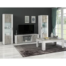 AltoBuy Lynda - Meuble TV 2 Portes Laqué Blanc et Gris Béton