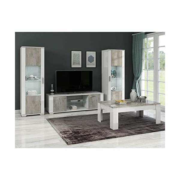 AltoBuy Lynda - Meuble TV 2 Portes Laqué Blanc et Gris Béton