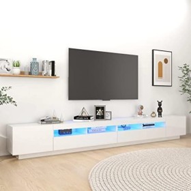 Canditree Meuble TV Moderne avec LED Banc TV avec étagères de Rangement Support de Télé pour Salon 300 cm Blanc Brillant 