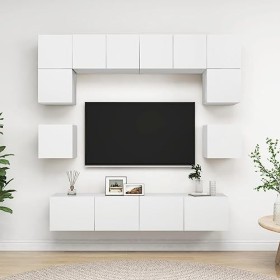 Ensemble de Meuble TV 8 pcs Blanc Aggloméré, Meuble TV, Bas Table TV, Meuble TV Suspendu, Meuble télé, Meuble TV Industriel, 