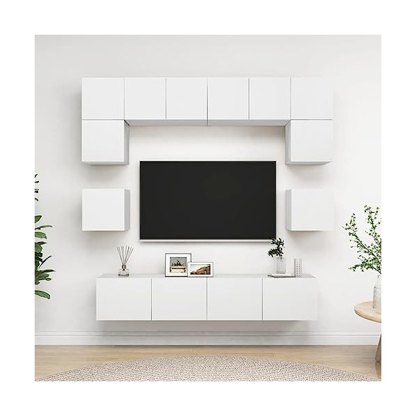 Ensemble de Meuble TV 8 pcs Blanc Aggloméré, Meuble TV, Bas Table TV, Meuble TV Suspendu, Meuble télé, Meuble TV Industriel, 