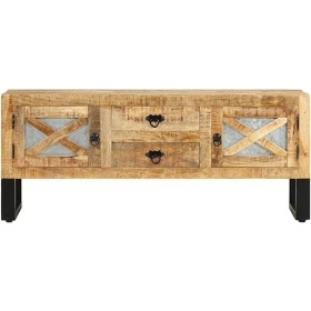 Suuim Meuble TV en Bois avec 2 Portes et 2 tiroirs, Centre de Divertissement en Bois de manguier Brut, Console TV, Meuble mul