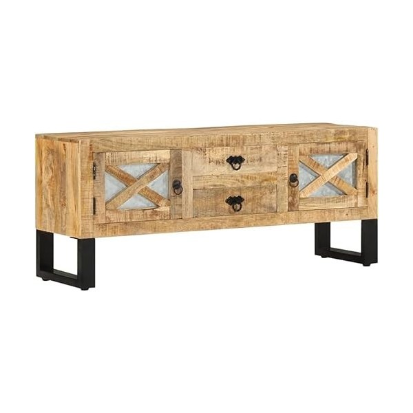 Suuim Meuble TV en Bois avec 2 Portes et 2 tiroirs, Centre de Divertissement en Bois de manguier Brut, Console TV, Meuble mul