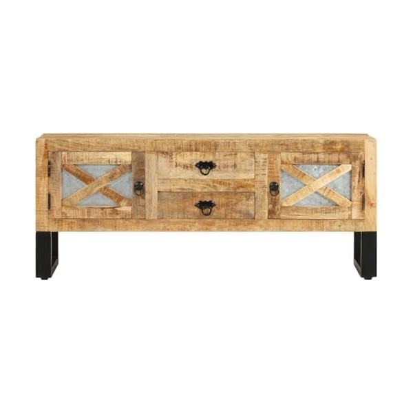 Suuim Meuble TV en Bois avec 2 Portes et 2 tiroirs, Centre de Divertissement en Bois de manguier Brut, Console TV, Meuble mul