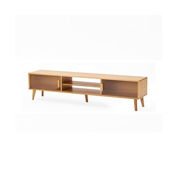 WOLWES Meuble TV avec Rangement, Meuble Tele Bambou Table TV, Porte Coulissante, Meuble Television pour Salon, Chambre, Entré