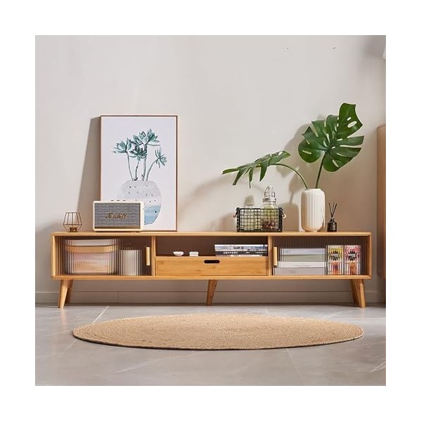 WOLWES Meuble TV avec Rangement, Meuble Tele Bambou Table TV, Porte Coulissante, Meuble Television pour Salon, Chambre, Entré