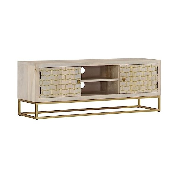 Meuble TV, Banc TV Support de Télévision Table TV Bas Armoire Basse Meuble TV 110x30x40 cm Bois de manguier Massif Blanchi