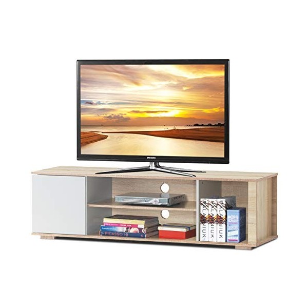 COSTWAY Meuble Télé pour TV 55" avec 3 Etagères 1 Placard avec Porte, Banc TV pour Salon Chambre Bureau, 150x39x42cm