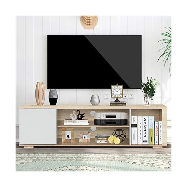 COSTWAY Meuble Télé pour TV 55" avec 3 Etagères 1 Placard avec Porte, Banc TV pour Salon Chambre Bureau, 150x39x42cm