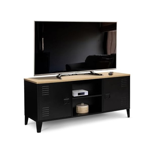 IDMarket - Meuble TV Ester 2 Portes métal Noir et Plateau Bois Design Industriel 113 cm