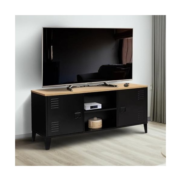 IDMarket - Meuble TV Ester 2 Portes métal Noir et Plateau Bois Design Industriel 113 cm