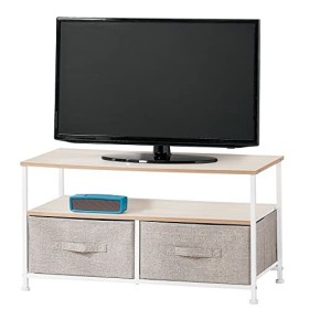 mDesign meuble TV avec boites de rangement – table TV étroite avec surface de rangement et 2 corbeilles – meuble télé moderne