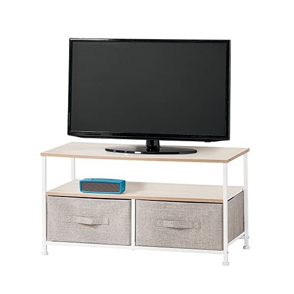 mDesign meuble TV avec boites de rangement – table TV étroite avec surface de rangement et 2 corbeilles – meuble télé moderne