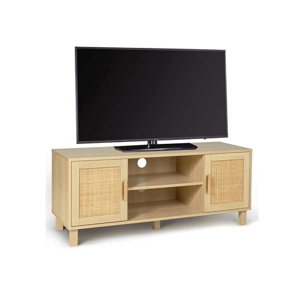 IDMarket - Meuble TV Vintage Elin 2 Portes Effet Naturel cannage 115 cm