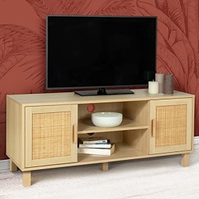 IDMarket - Meuble TV Vintage Elin 2 Portes Effet Naturel cannage 115 cm