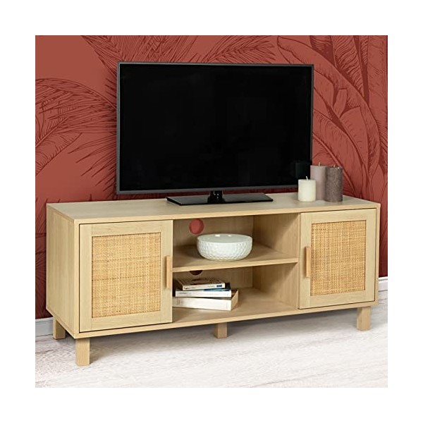IDMarket - Meuble TV Vintage Elin 2 Portes Effet Naturel cannage 115 cm