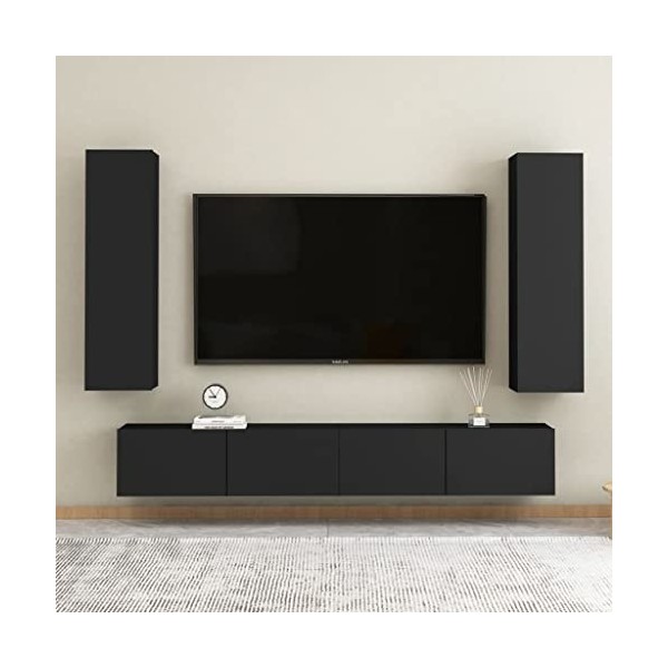 lvssiao Meuble TV pour salon avec 4 pièces en contreplaqué noir très résistant pour chambre à coucher salon