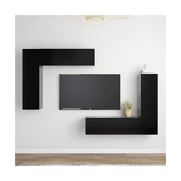 lvssiao Meuble TV pour salon avec 4 pièces en aggloméré Noir très résistant Module TV pour chambre à coucher salon