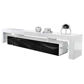Vladon Buffet Bas Lima V2, Meuble TV avec 2 clapets, 1 Compartiment Ouvert et 2 étagères en Verre, Blanc Haute Brillance/Noir