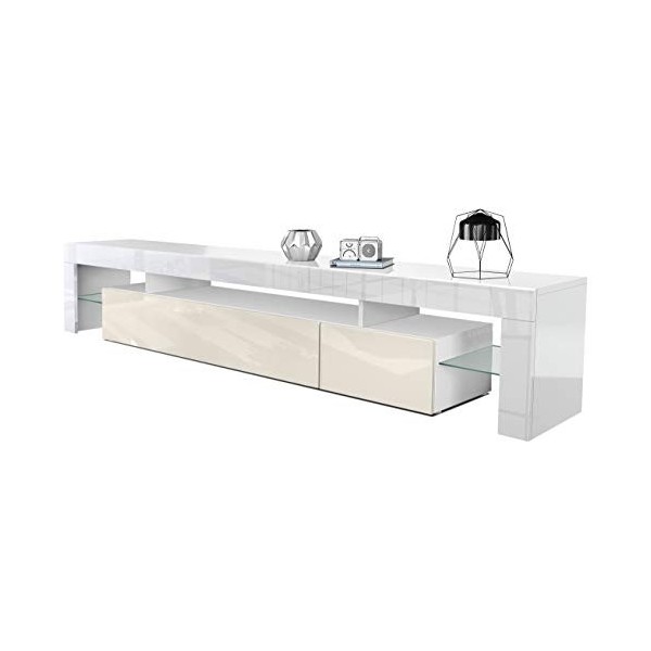 Vladon Buffet Bas Lima V2, Meuble TV avec 2 clapets, 1 Compartiment Ouvert et 2 étagères en Verre, Blanc Haute Brillance/Noir