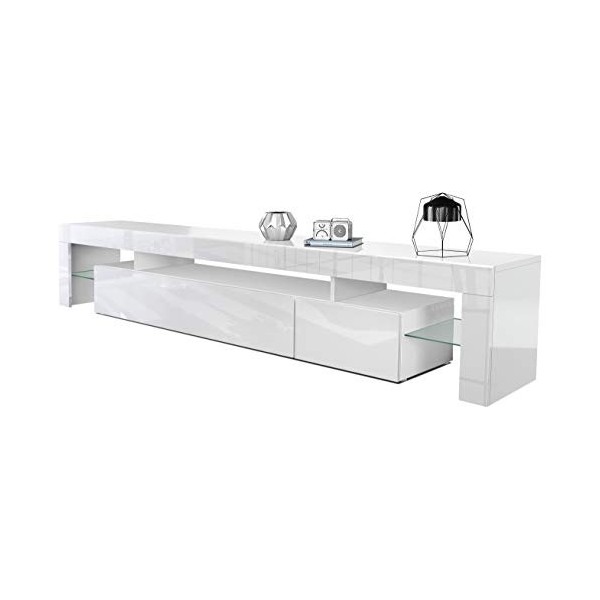 Vladon Buffet Bas Lima V2, Meuble TV avec 2 clapets, 1 Compartiment Ouvert et 2 étagères en Verre, Blanc Haute Brillance/Noir