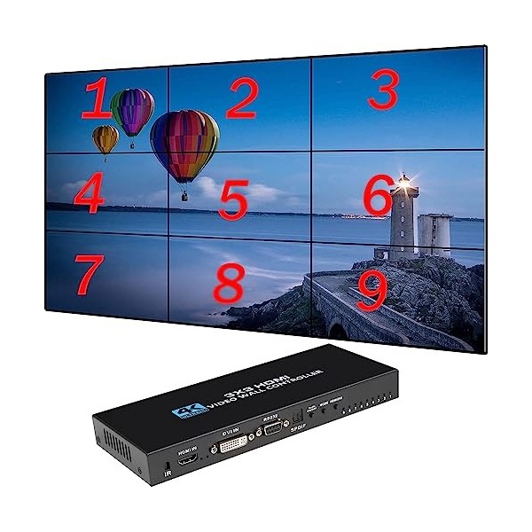 GKRONG Contrôleur de mur vidéo 3X3 Contrôleur de mur TV 4K 3x3 3x2 2x2 3x1 1x4 2x3 4x2 2x4, avec télécommande pour 9 TV Suppo