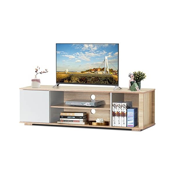 KOMFOTTEU Étagère TV avec 2 étagères Ouvertes, Trou de Gestion des câbles et Compartiment de Rangement, étagère TV pour TV 55
