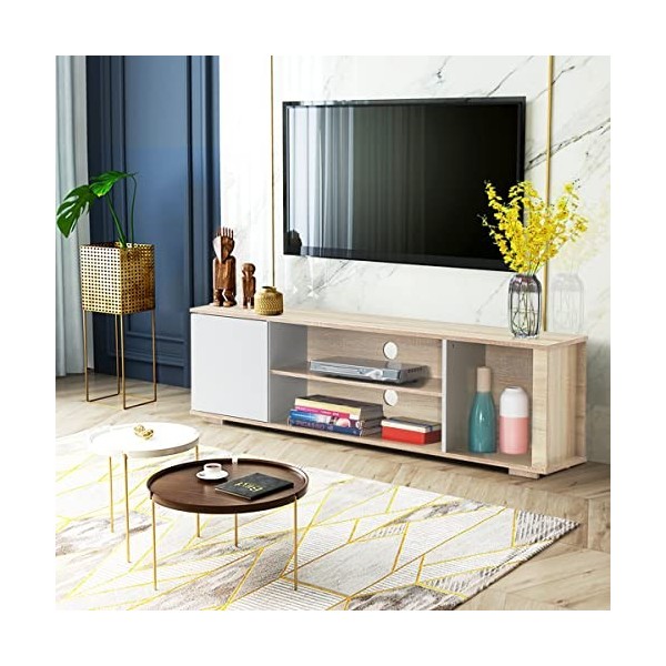 KOMFOTTEU Étagère TV avec 2 étagères Ouvertes, Trou de Gestion des câbles et Compartiment de Rangement, étagère TV pour TV 55