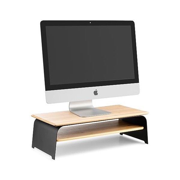 Support ecran pc à 2 niveaux pour bureau - Support de moniteur élégant avec base en acier et étagères en bambou - 20,8 x 10,6