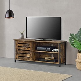 Meuble TV Design Support Télé Banc avec Compartiment à Porte Persienne et 2 Étagères Panneau de Particules Pieds en Fer 49 x 
