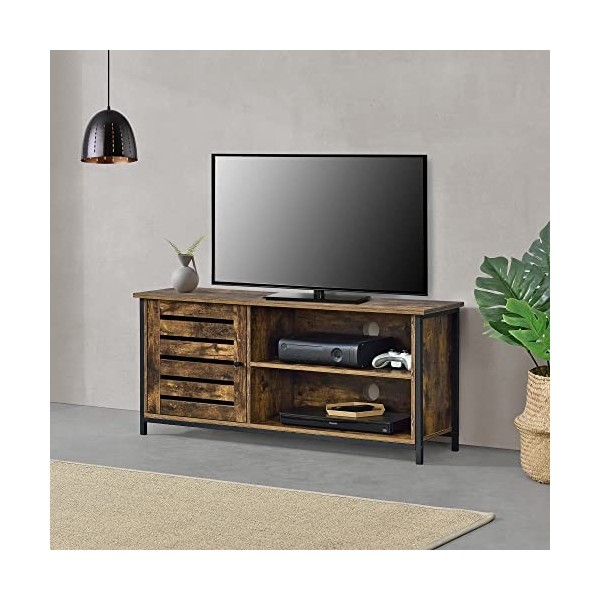 Meuble TV Design Support Télé Banc avec Compartiment à Porte Persienne et 2 Étagères Panneau de Particules Pieds en Fer 49 x 
