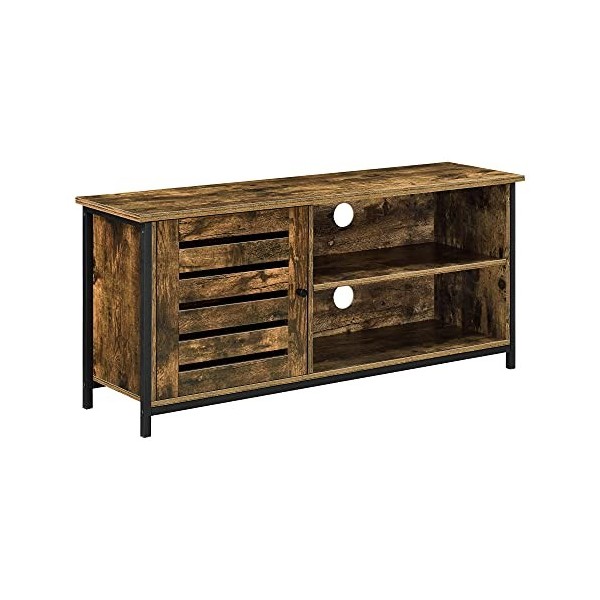 Meuble TV Design Support Télé Banc avec Compartiment à Porte Persienne et 2 Étagères Panneau de Particules Pieds en Fer 49 x 