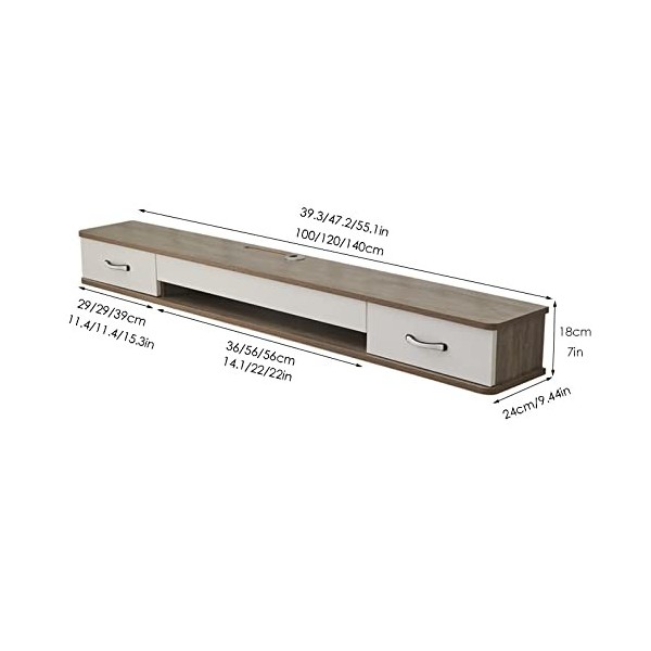 Table TV Meuble TV Mural Console Multimédia Murale, Meuble TV Flottant avec 2 Tiroirs, 100/120/140Cm Salon Chambre Étagères D