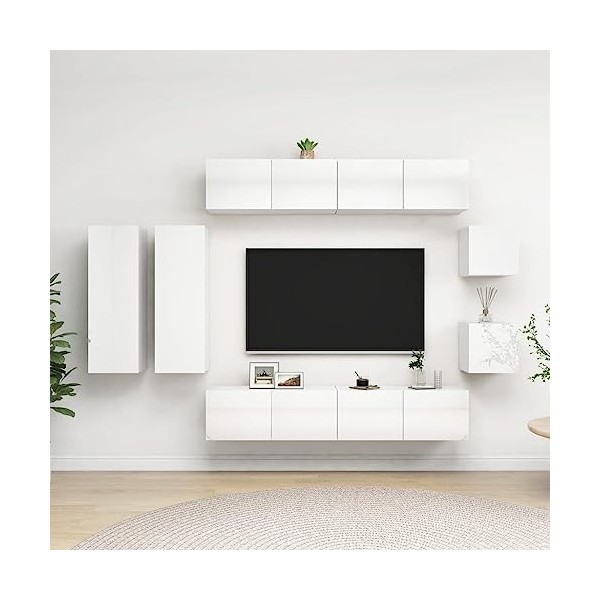 Générique Ensemble de Meuble TV 8 pcs Blanc Brillant Aggloméré,89.6 KG,3079335, Meubles, Meubles TV