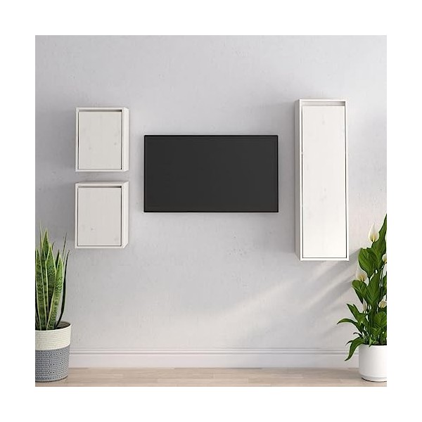 DCRAF Home Hardware Businese Lot de 3 meubles TV en pin massif Blanc