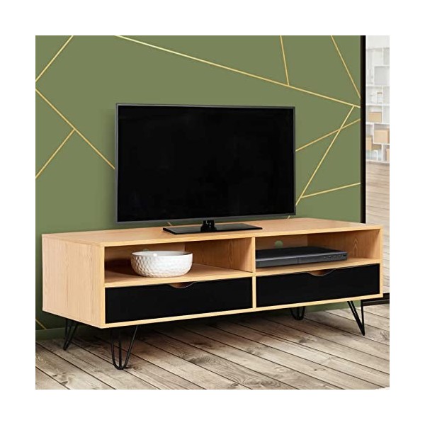 IDMarket - Meuble TV Vintage Noemi 2 tiroirs Bois Pied épingle 113 cm