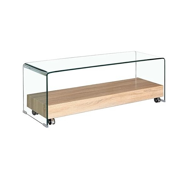 Meuble TV en Verre Transparent - Plateau Base roulante en Bois décor chêne - Design Moderne - Ice