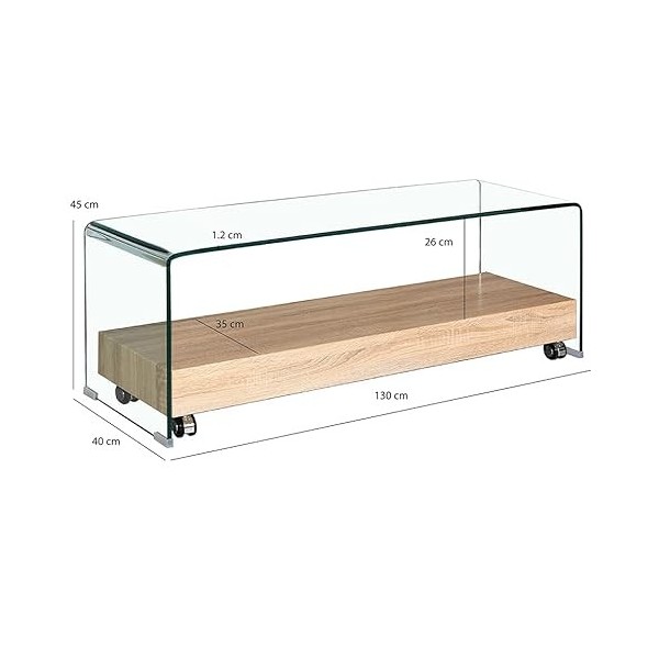 Meuble TV en Verre Transparent - Plateau Base roulante en Bois décor chêne - Design Moderne - Ice