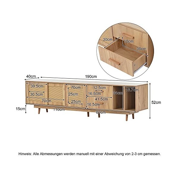 Virgorack Meuble TV en rotin pour TV de 80", centre de divertissement de ferme avec tiroirs, table console multimédia chêne 