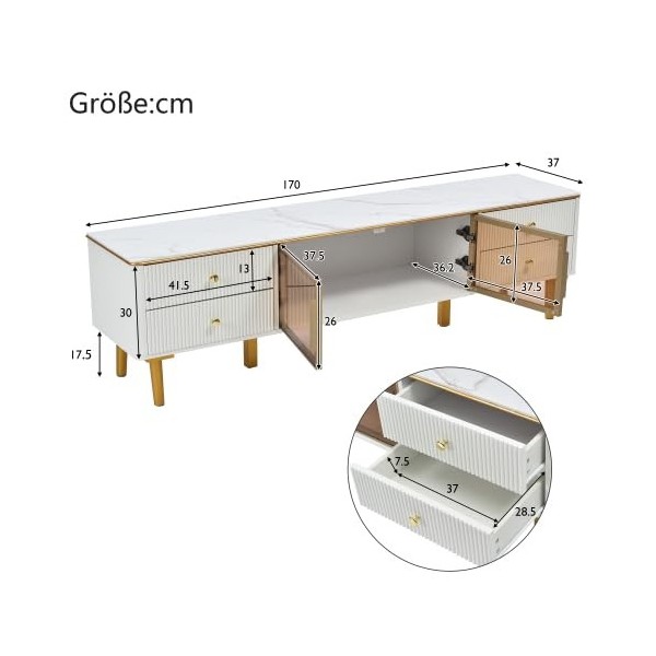 Meuble TV Aspect marbre Meuble TV avec 4 Pieds 4 tiroirs structurés avec poignées dorées Lowboard TV Moderne pour Salon,Blue-