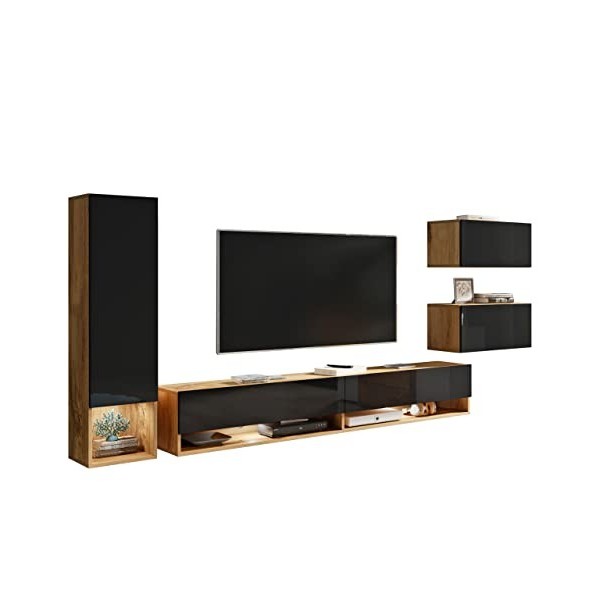Boneli Meuble de salon, meuble TV, meuble à monter, mur multimédia, étagère murale, meuble TV, armoire suspendue, vitrine Wo
