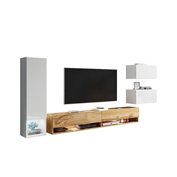 Boneli Meuble de salon, meuble TV, meuble à monter, mur multimédia, étagère murale, meuble TV, armoire suspendue, vitrine Wo