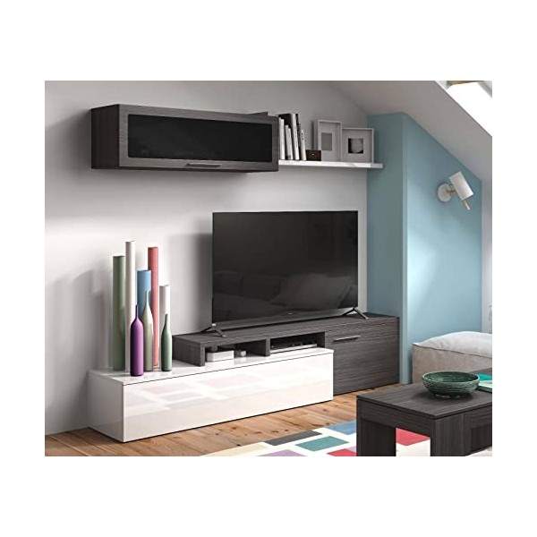 Dmora Meuble TV, Set de Salon réversible positionnable en Angle avec Deux Portes, Module Suspendu et étagère, Couleur Gris 