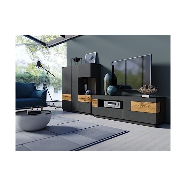 PRICE FACTORY just for you Meuble TV 160cm Collection KILES. Coloris Gris Anthracite et chêne. Style Design