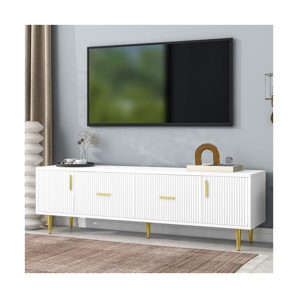 kubeier Meuble TV Blanc de 170 cm de Long pour TV 70", poignées dorées, Design élégant avec Rayures Verticales en façade, 2 P