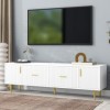 kubeier Meuble TV Blanc de 170 cm de Long pour TV 70", poignées dorées, Design élégant avec Rayures Verticales en façade, 2 P