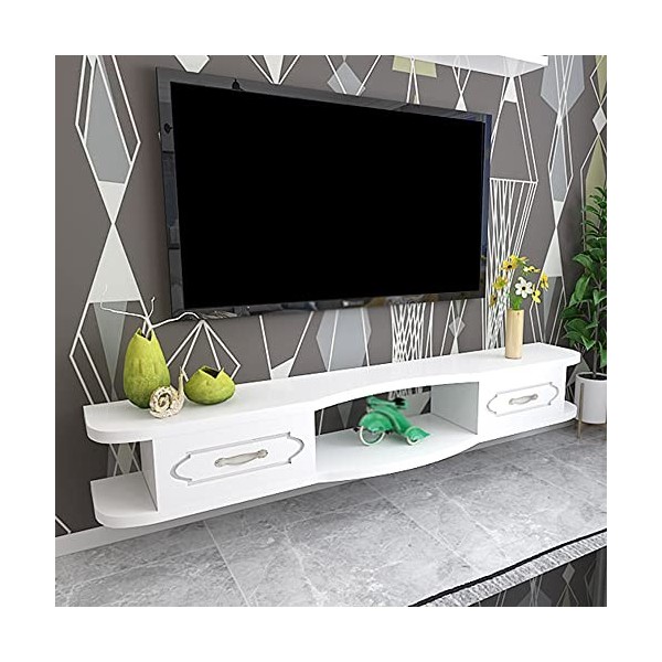 EsEntL Meuble TV Flottant, Meuble TV Mural avec 2 tiroirs, pour décodeur, télécommande, projecteur, Console de Jeu/Blanc / 14